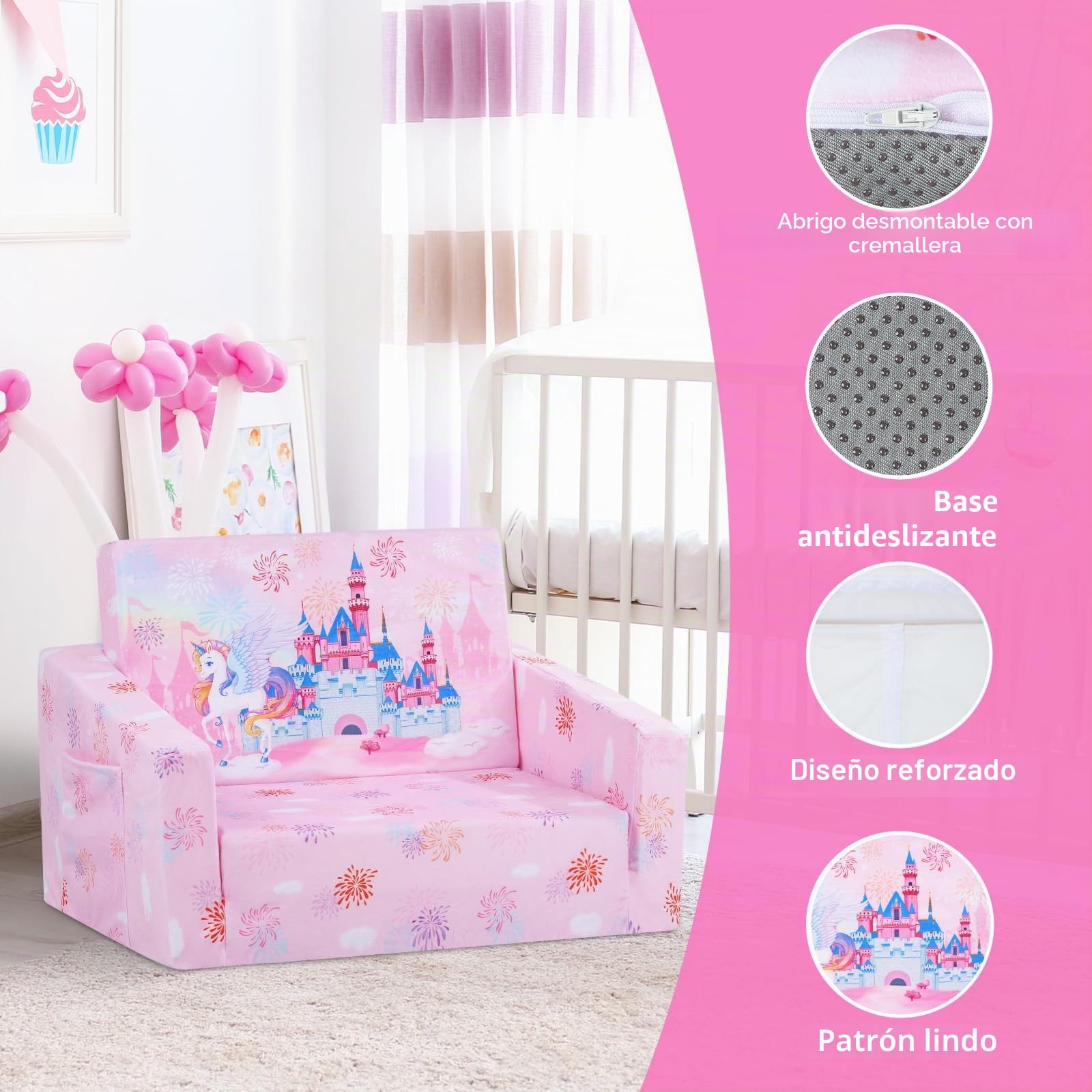 Sofás Plegables para niños Sillón con Respaldo Sillón 2 en 1, Sillón Infantil Cómoda Estable Ligero con Bolsillo de Tela, Sofá Cama Asiento para Bebé para Dormitorio Sala de Juegos, Castillo Princesa