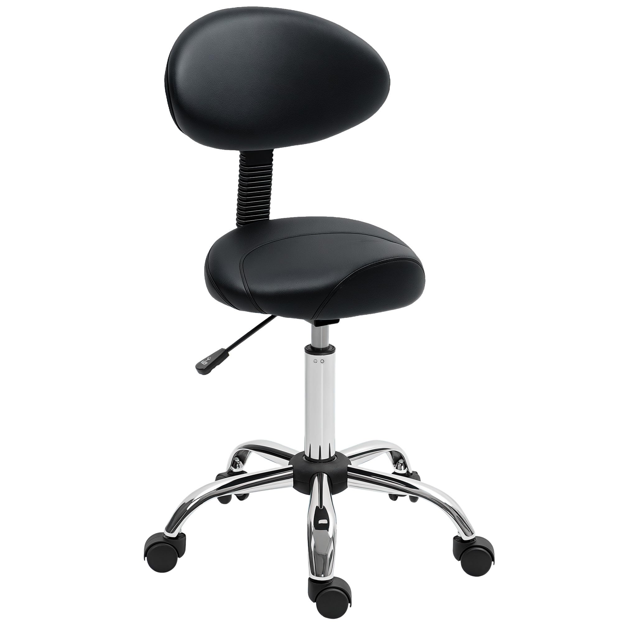 HOMCOM Taburete Giratorio con Ruedas y Respaldo Extraíble de Trabajo con Altura Regulable 83-98 cm Asiento Tapizado de Cuero Sintético Negro