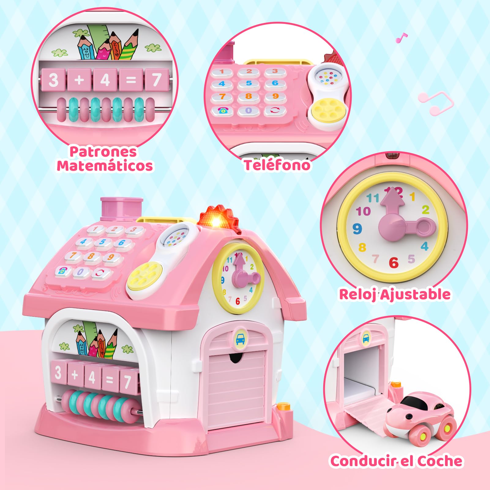 Juguetes Niñas 1 Año: Juegos Sensoriales Educativos para Niñas 1 2 3 Años, Juguete Montessori 6 en 1 Multifunción con Música, Reloj, Luz, Teléfono y Coche, Regalo Bebe 1 Año para Cumpleaños (Rosa)