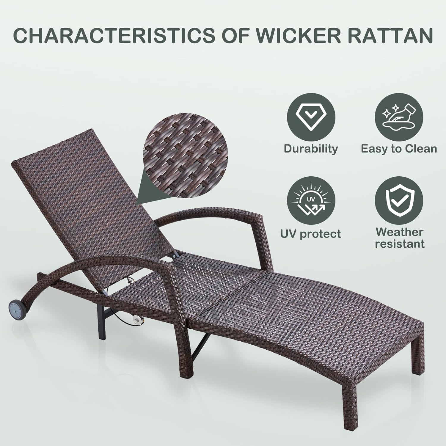 Outdoor Lounge Chairs Set of 2, Wicker Patio Pool Lounge Chair with Gas-Lift Adjustable Backrest, Comfy Outside Rattan Chaise Lounge w/Armrests, Pillow & Wheels for Backyard, Peacock Blue