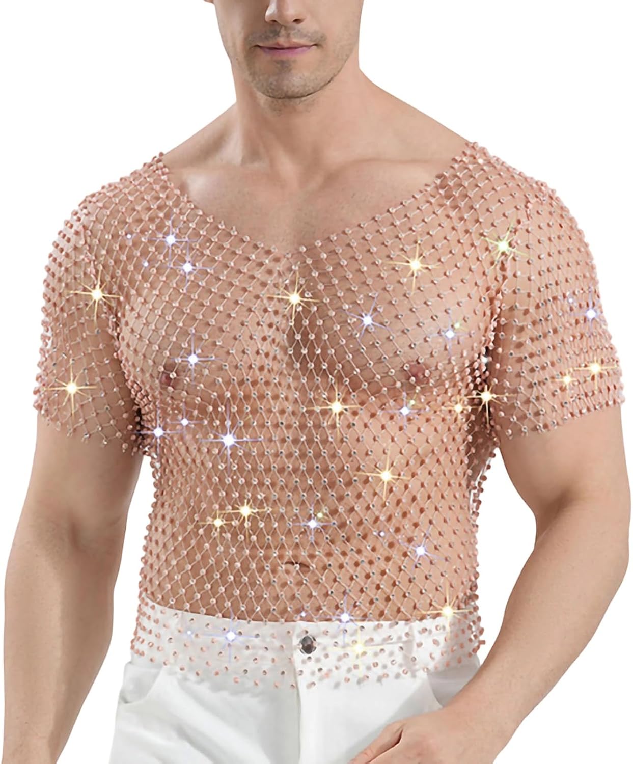 Men’s Sexy Fishnet Rhinestone Shirt Short Sleeve Sheer Glitter Mesh Festival Rave Clubwear Top for Men 2026