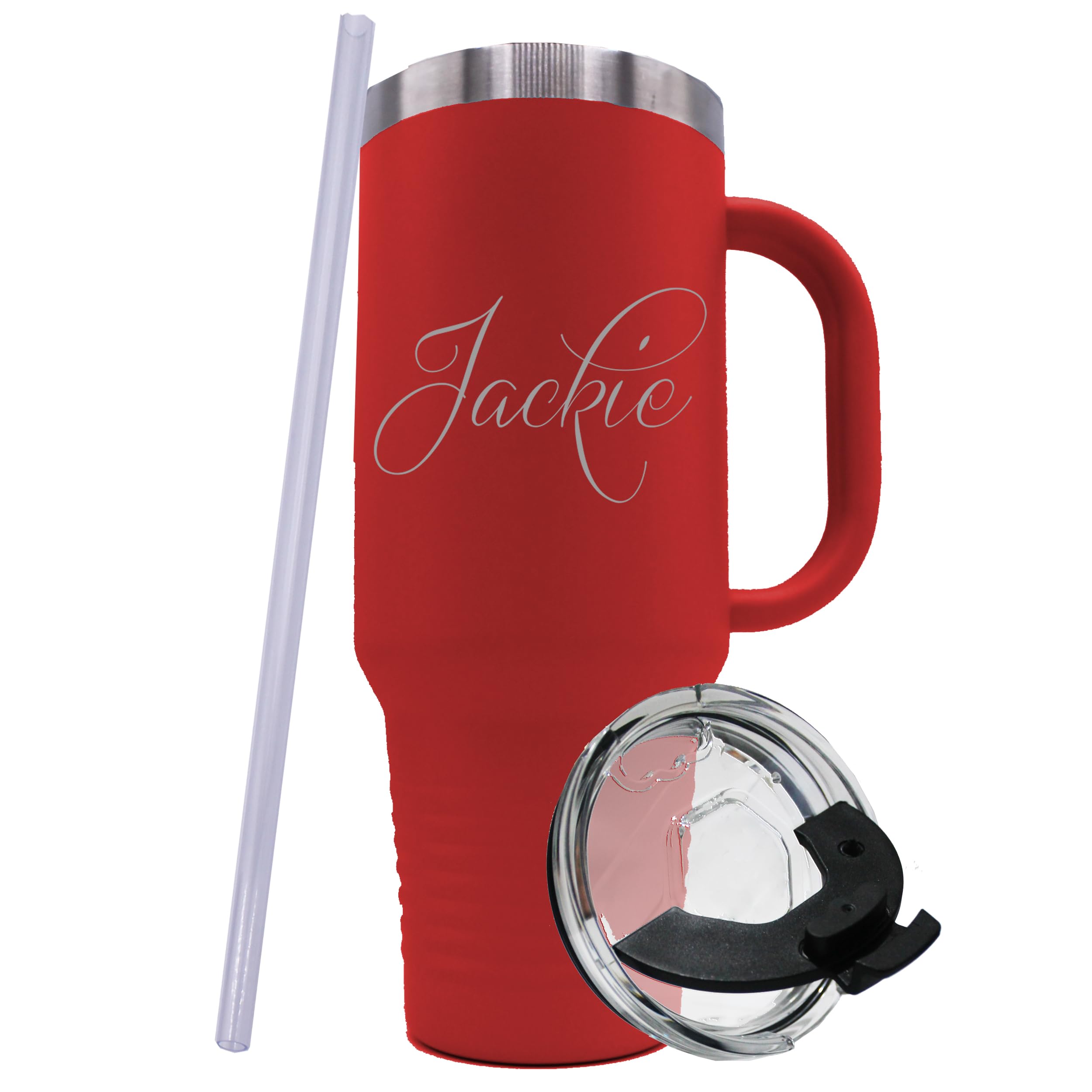 The Wedding Party Store Custom Monogrammed 40 oz Tumbler with Handle, Lid and Straw - Customized Insulated Stainless Steel Large Cup (Red)