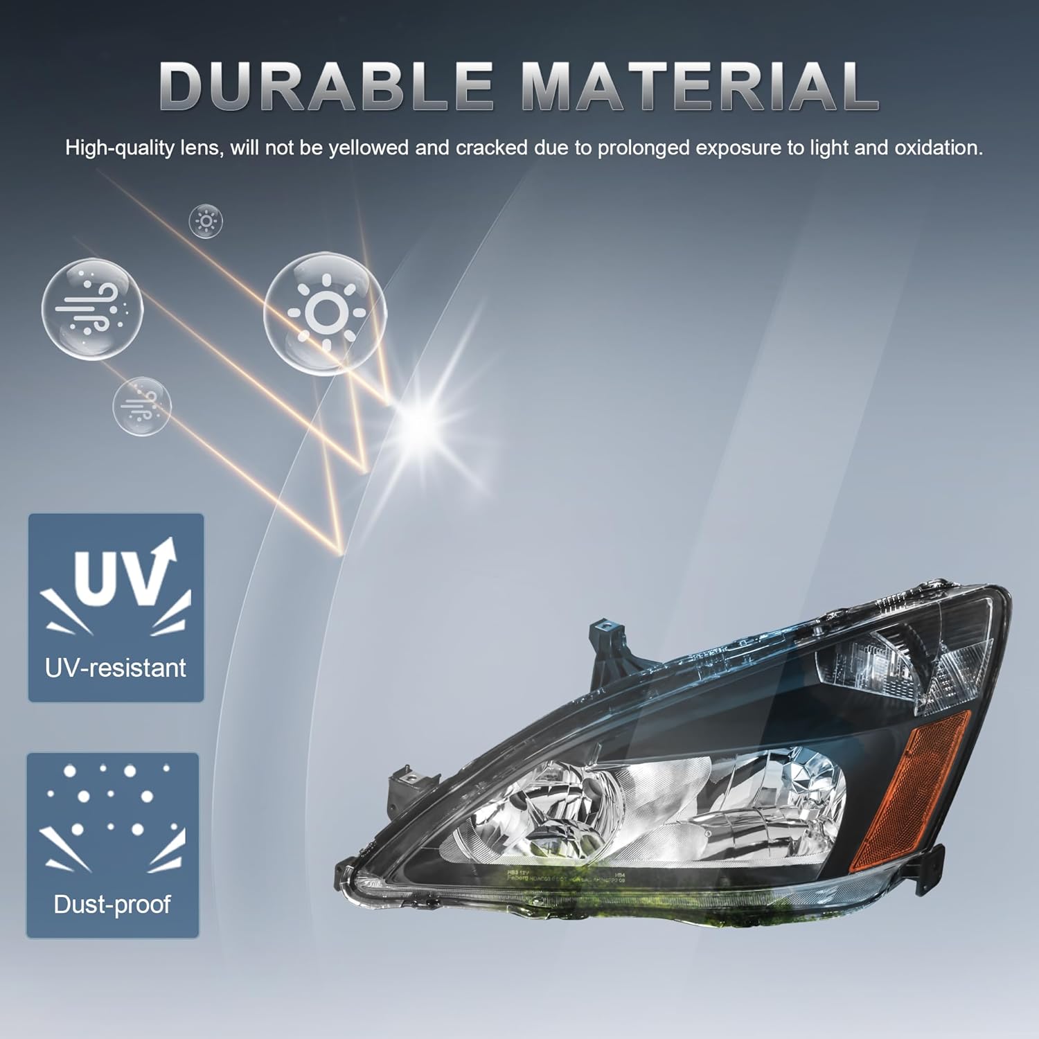 Headlights Assembly Replacement Compatible with 2003-2007 Honda Accord Halogen with Clear Lens Black Housing Amber Reflector Front Lamps Driver and Passenger Side (Set of 2)