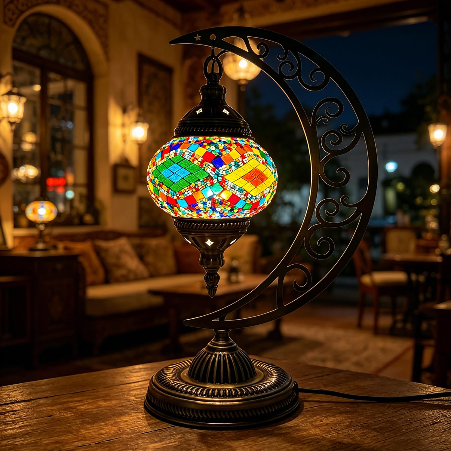 Marrakech Turkish Mosaic Table Lamp Moon Shaped with Bronze Base Mosaic Stained Glass Night Lamp USB Powered Turkish Bedside Lamps for Yoga Room Study Room Balcony Decor(W 6.3in x H 15.35in) — image 1