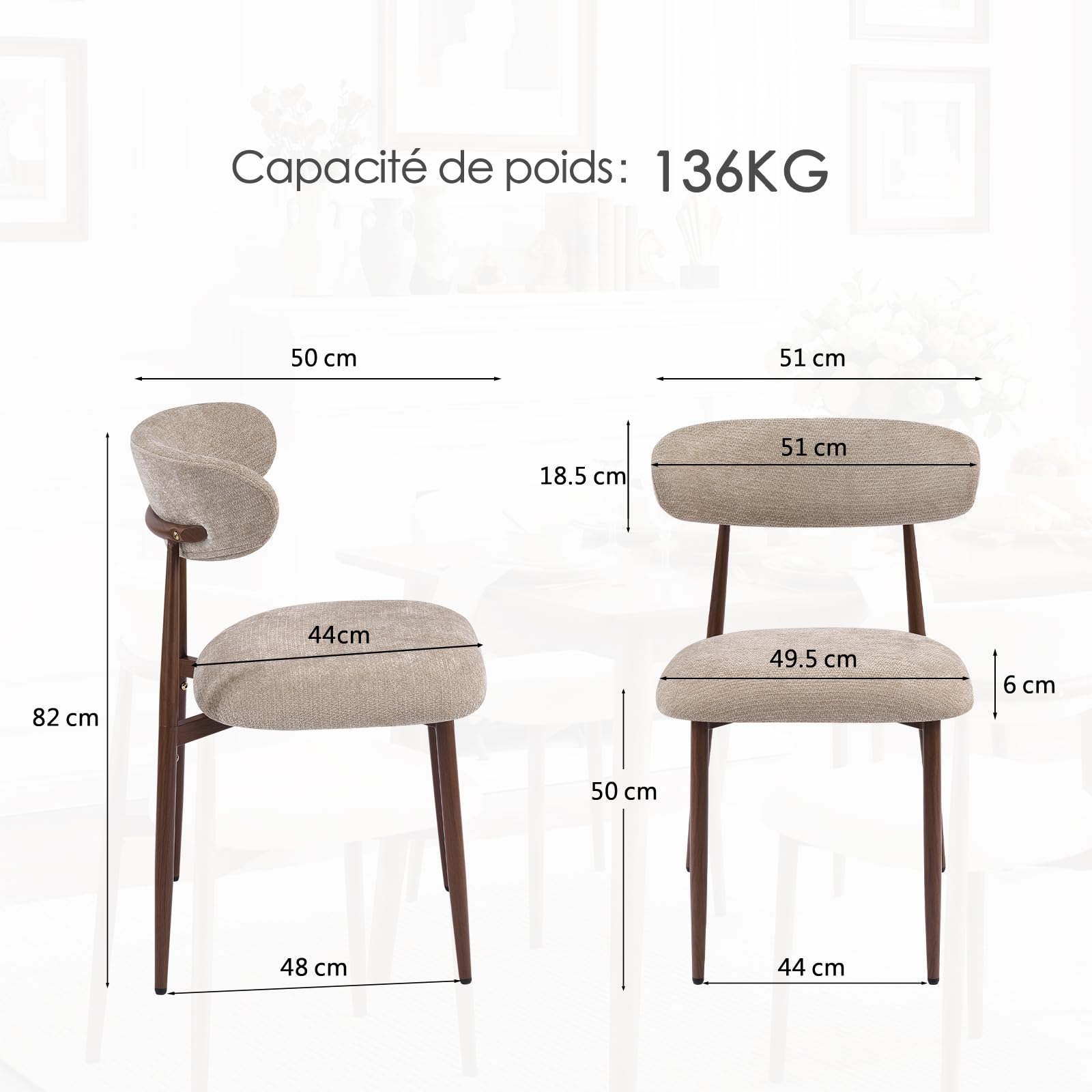 Lot de 4 Chaises de Salle à Manger, Chaises de Cuisine en Tissu Chenille, Fauteuil Salon Rembourrée avec Cadre en Métal en Noyer pour Salle à Manger Salon Cuisine Terrasse, Camel