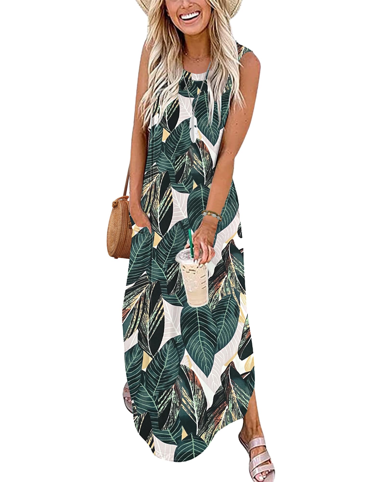 AUSELILY Maxikleider Damen Sommer Ärmellos Strandkleid Lang Sommer-Kleider Tank T-Shirt Kleid mit Taschen