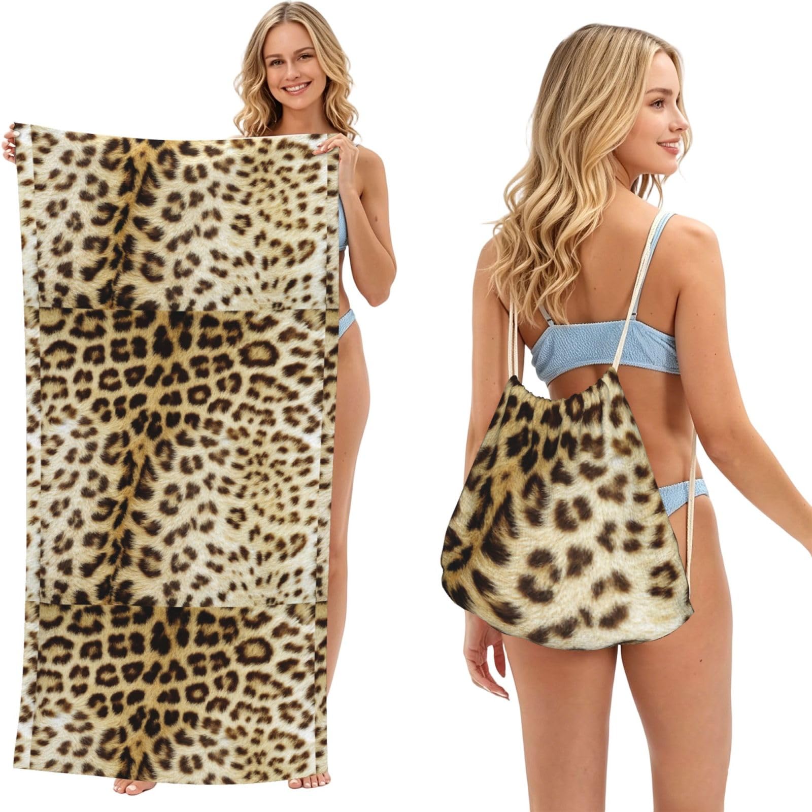 Poadnly Leopard Skin Animals, 2 in 1 Packable Towel Bag, Beach Towels with Drawstring Backpack for Travel Holiday Camping