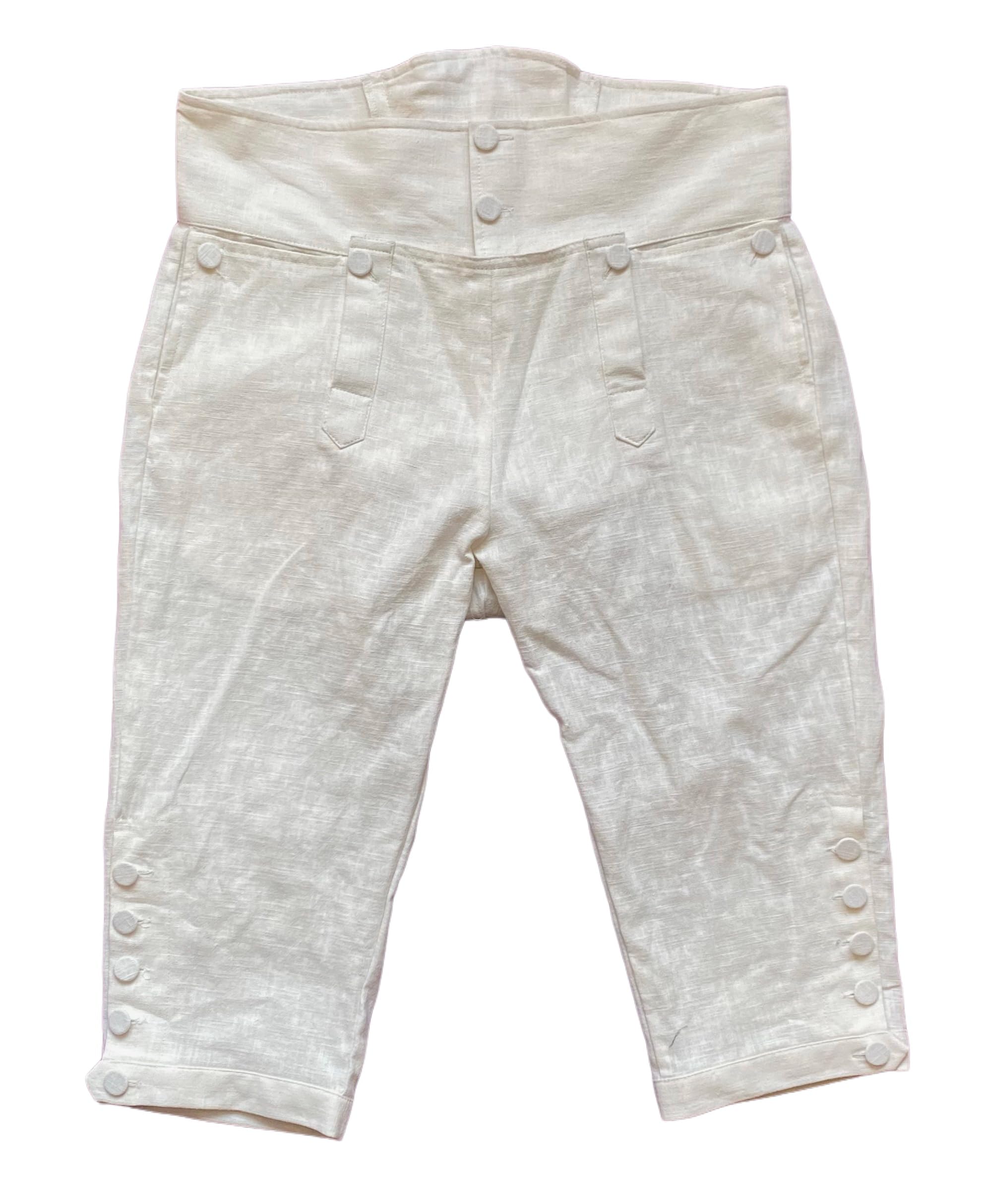Mens Colonial Knee Linen Breeches 18th Century Pants Fall Front Style, White, XXL