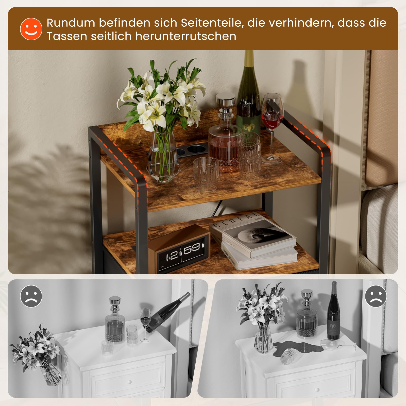 YOUDENOVA Nachttisch 2er Set mit LED-Beleuchtung, Nachtschrank mit Ladefunktion, Beistelltisch mit 2 Schubladen und 2 Offene Regale, Couchtisch fürs Wohnzimmer, Schlafzimmer, Vintage Braun