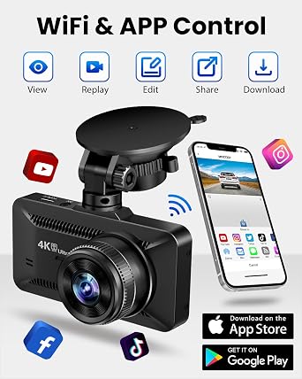 Dash Cam Front Rear 4K/1080P, Dash Camera for Cars Build in WiFi, Full HD Dash Cam with APP Control, 3.94 IPS Screen Dash Camera with 32GB SD Card, G-Sensor, WDR, 24Hr Parking Mote, Loop Recording