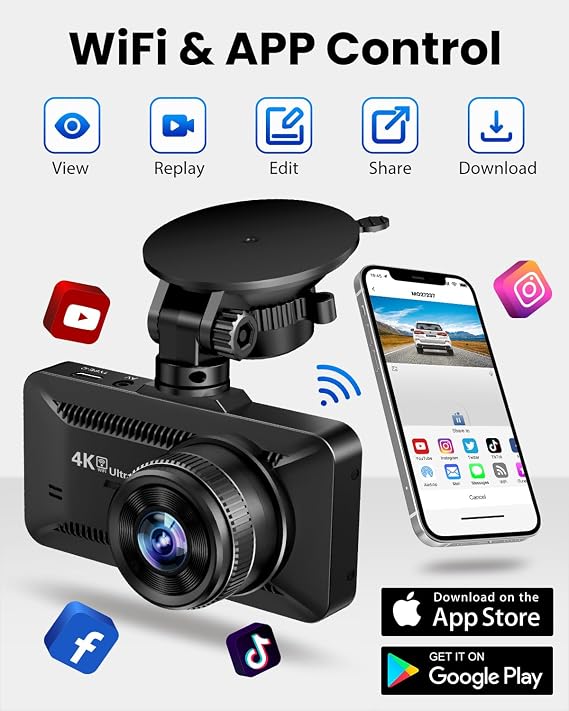 Dash Cam Front Rear 4K/1080P, Dash Camera for Cars Build in WiFi, Full HD Dash Cam with APP Control, 3.94 IPS Screen Dash Camera with 32GB SD Card, G-Sensor, WDR, 24Hr Parking Mote, Loop Recording
