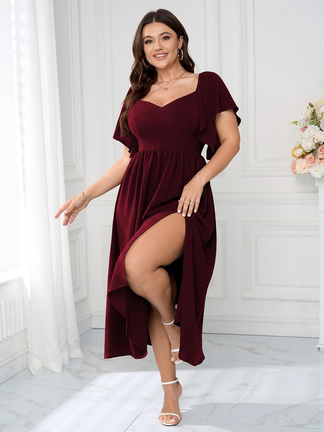 SCOMCHIC Women Plus Size Dresses Short Sleeve Sweetheart Neckline Wedding Guest Cocktail Smocked A Line Slit Maxi Dress - Image 5