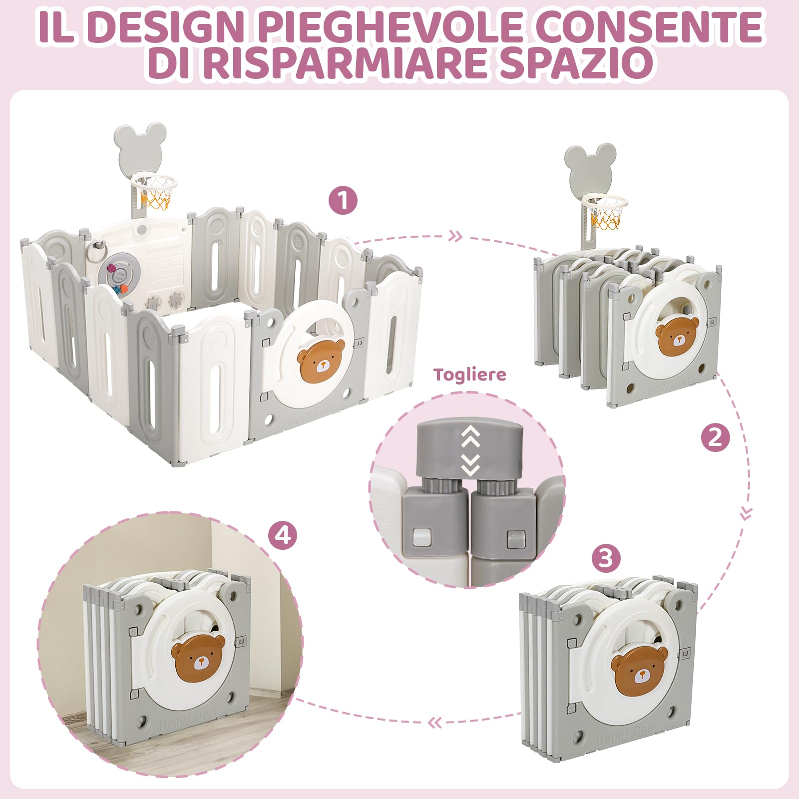 Box Bambini Pieghevole, Recinto per Bambini 143x143x64 cm, Box Neonato Forma Regolabile, con Canestro da Basket, Pallacanestro e Tavola per Giocattoli, Forte Ventosa sul Fondo, Materiale HDPE Atossico