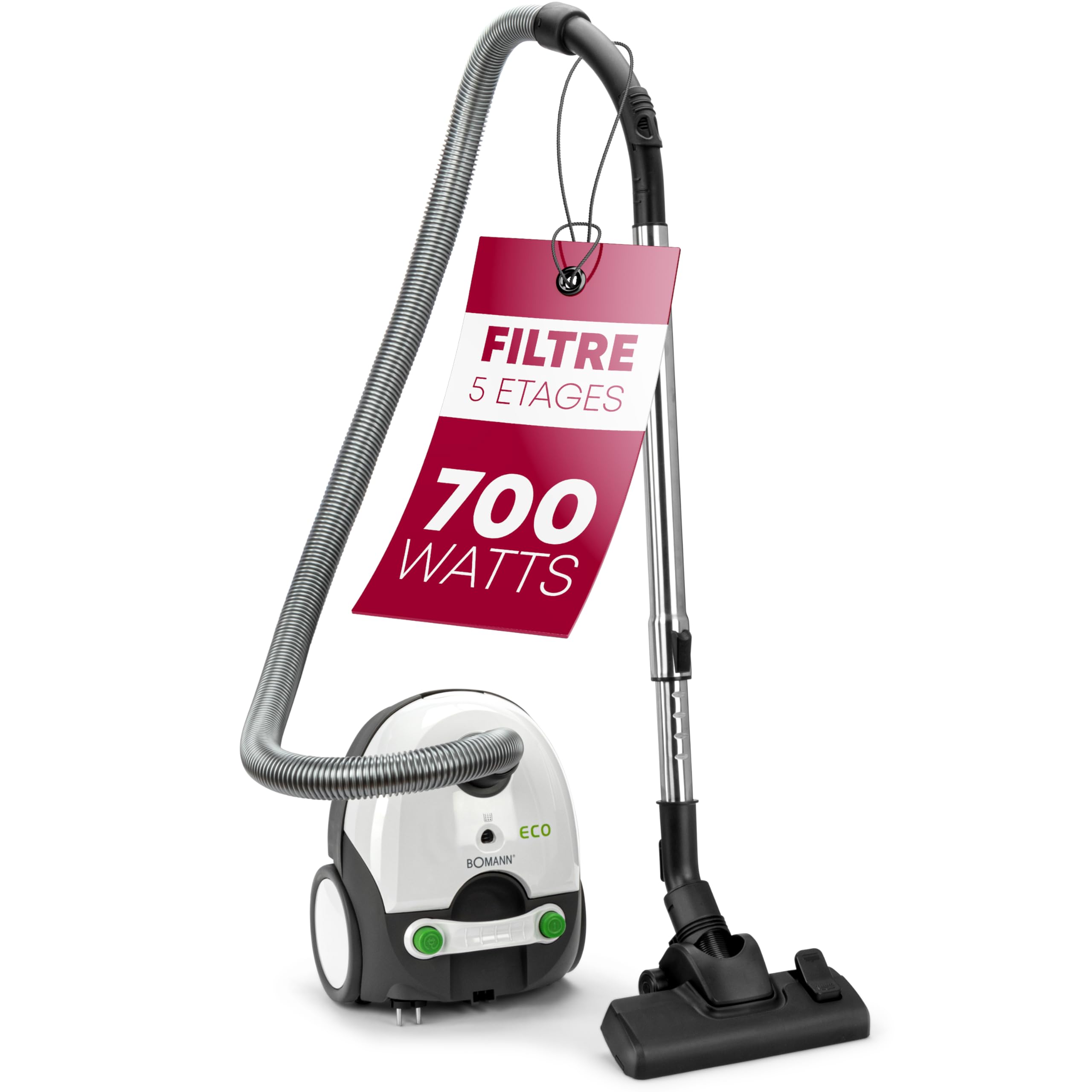 Bomann Aspirateur Traîneau avec Sac 700 W BS 9019 CB, Blanc et Gris | avec sac, tube télescopique acier inoxydable, micro-filtre, silencieux, accessoires inclus