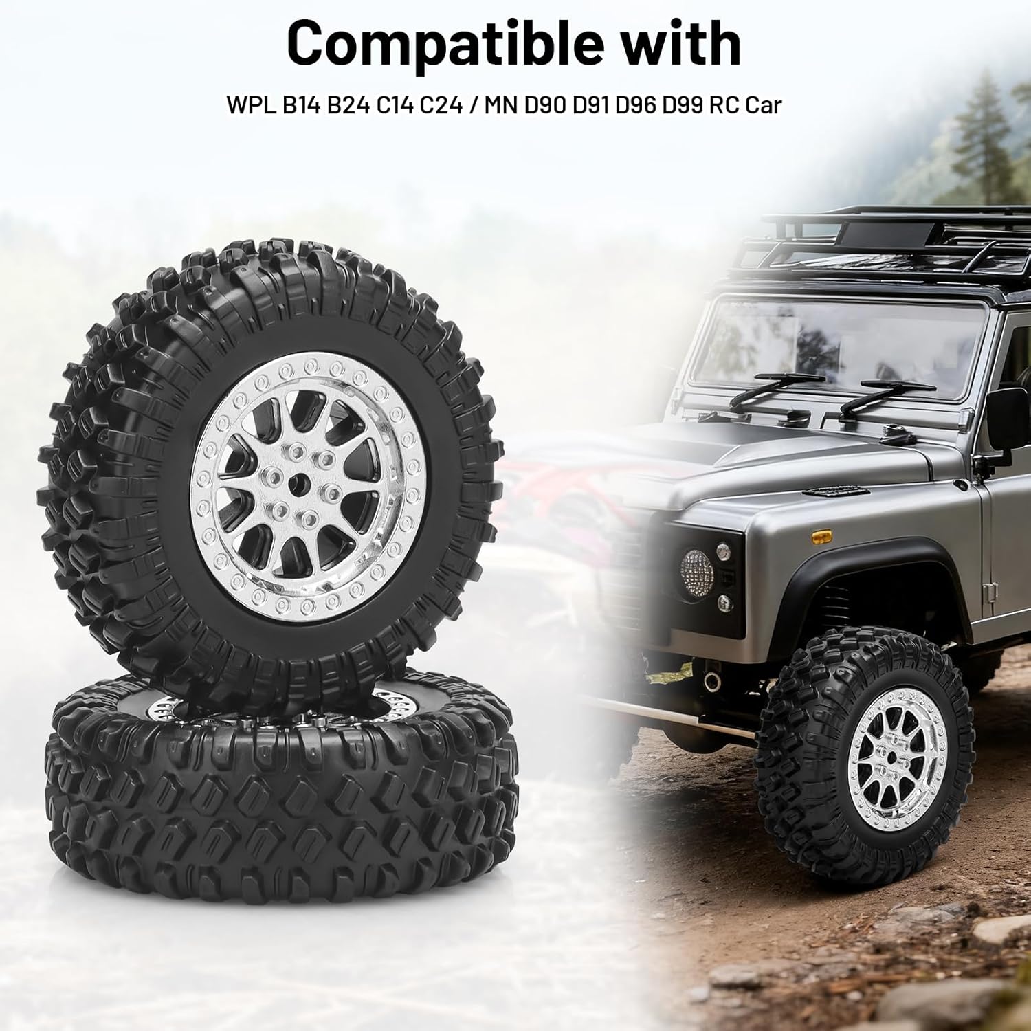 1/12 RC Rubber Tires, daitoku RC Car Tires and Wheels for 1/12 WPL B14 B24 C14 C24 MN D90 D91 D96 D99 - Style C (Silver)