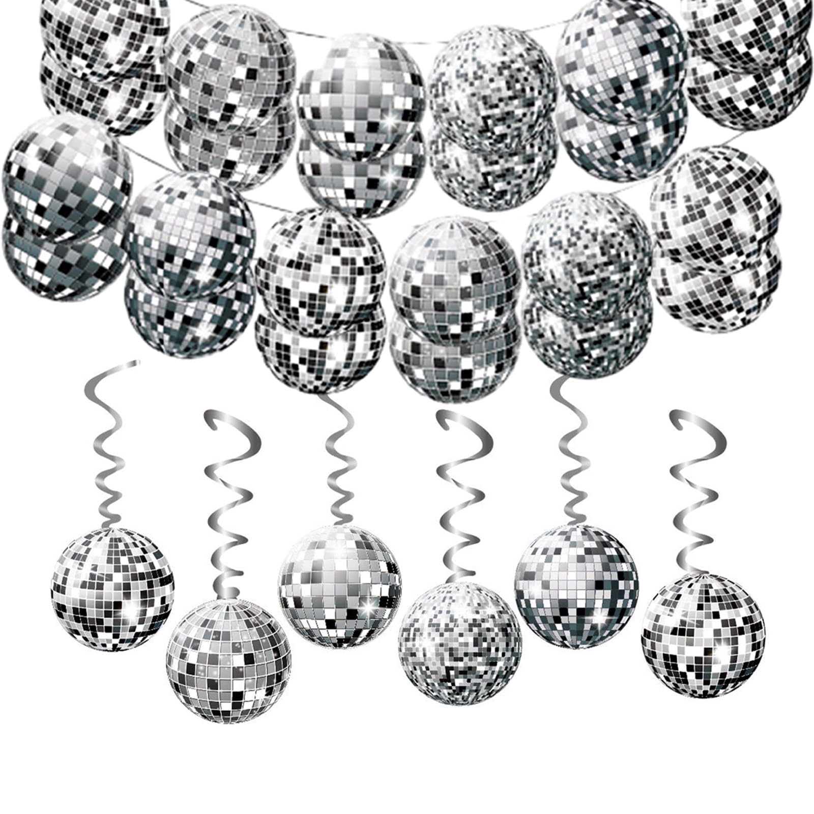 Guirlande de Décoration Disco, 2 Bannières de Boules à Paillettes Argentées+6 Spirales Suspendues, Guirlande de Décoration Disco Spirales, Décoration de Plafond de Fête Style Années 70, 80 et 90