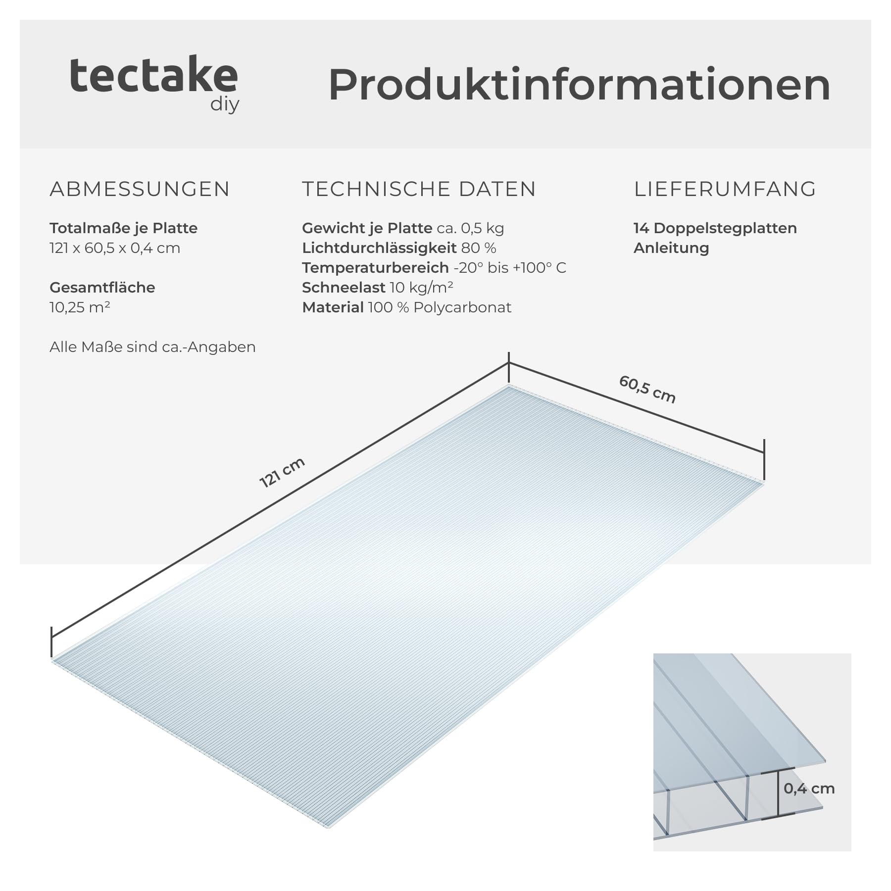 tectake® Polycarbonat Doppelstegplatten, 14x Platte, UV-beständige Kunststoffpaneele, Stegplatten Kunststoffplatte Gewächshaus, Terrassenüberdachung, Frühbeetaufsatz - 121 x 60,5 x 0,4 cm
