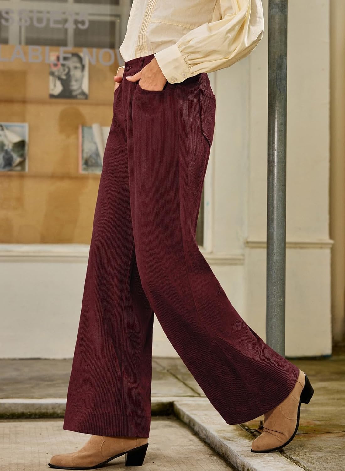 Sidefeel Women's Corduroy Pants Casual High Waisted Baggy Wide Leg Elastic Waist Loose Trousers with Pockets - Image 3