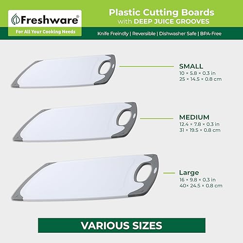 Miniatura 4 de Freshware Tablas de cortar para cocina, paquete de 3 tablas de cortar con diferentes tamaños, ranuras para jugos y asas antideslizantes, reversible