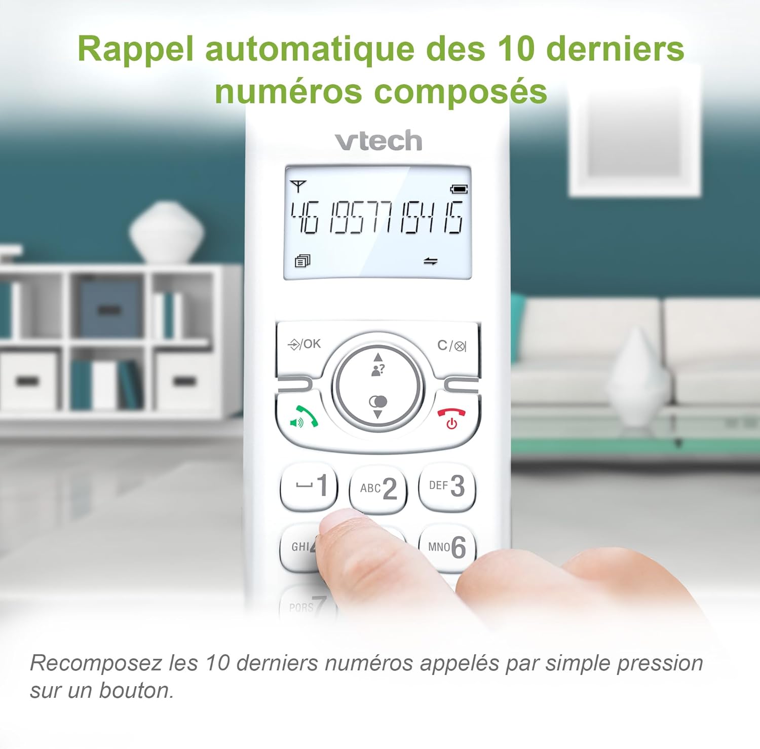 VTech CS1501 handset displaying a number, indicating the redial function