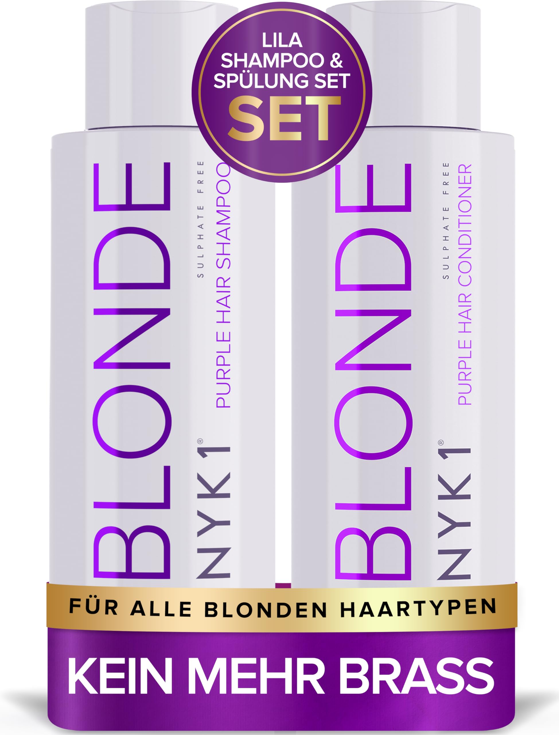 NYK1 NO MORE BRASS Lila Haarshampoo & Spülung Set | 500ml x2 | Blondes Shampoo und Spülung Set für Blondiertes, Coloriertes und Gesträhntes Haar - Neutralisiert Gelb und Messingtöne
