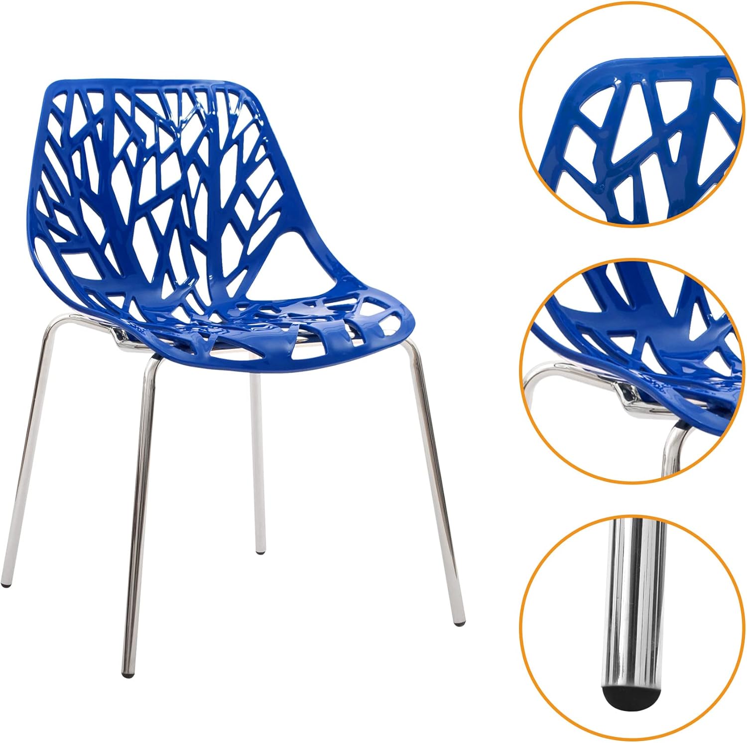 CangLong Modern Mid Century Plastic Shell Hollow Out Chair with Matal Legs for Living, Bedroom, Kitchen, Dining, Waiting Room,Set of 4, Blue