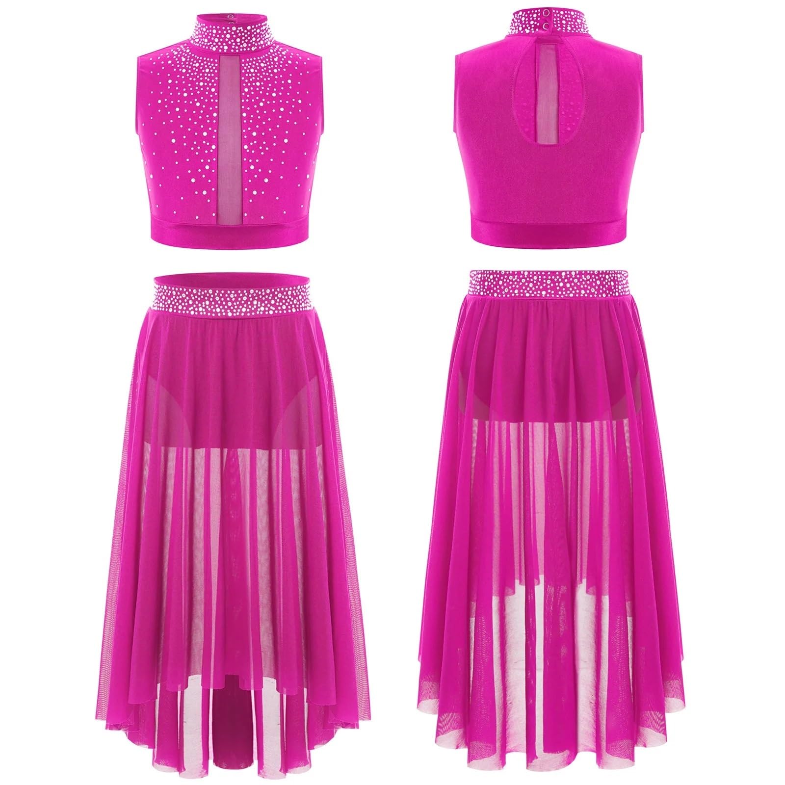 Disfraz Gimnasta NiñA Ropa de baile moderna for niñas, atuendo de baile lírico, traje de patinaje artístico de ballet, top corto sin mangas con diamantes de imitación y falda de malla(Pink,16)