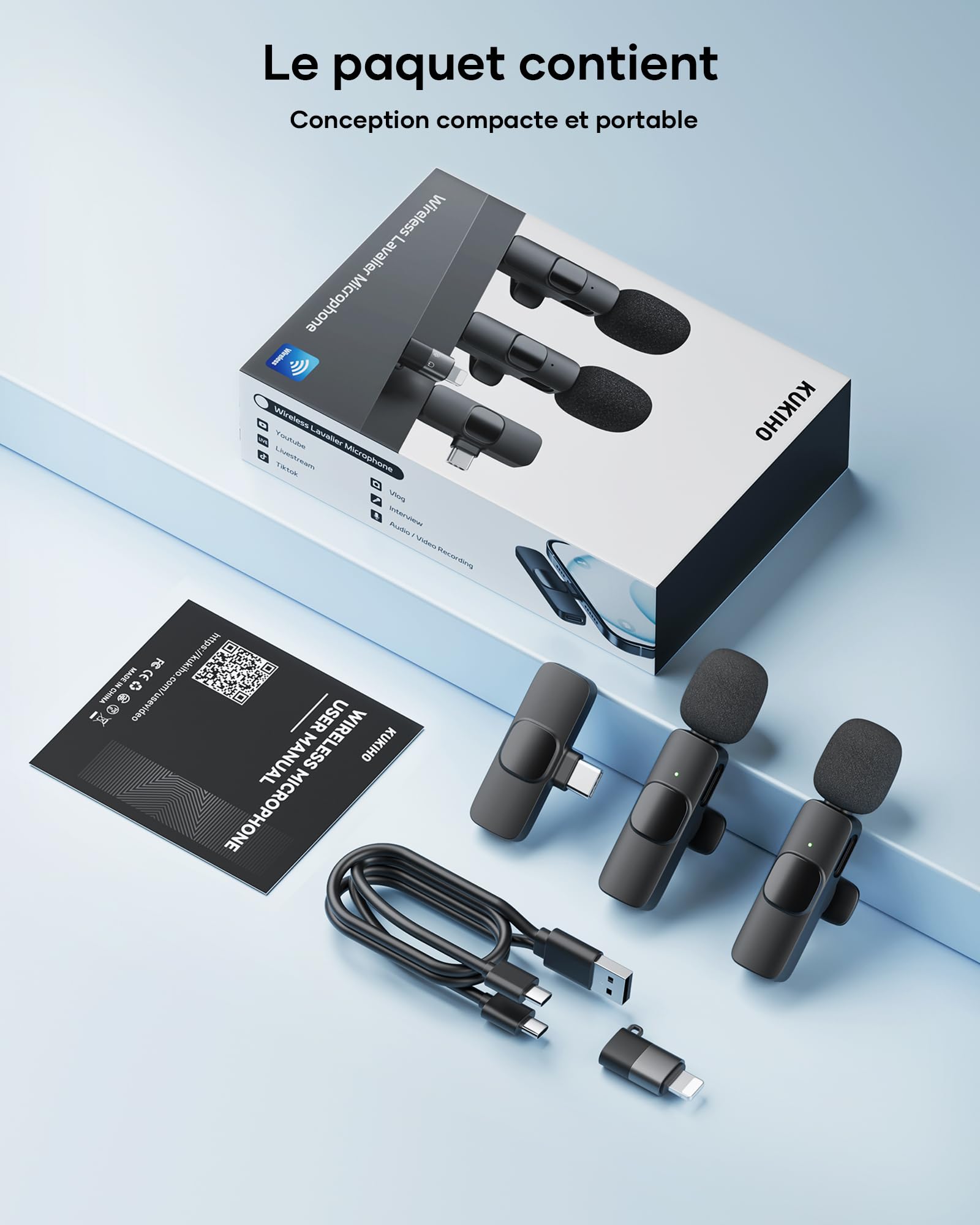 KUKIHO Microfono Lavalier Wireless per iPhone/Android (2 Trasmettitori), Mini Microfono Clip Riduzione Rumore Plug-and-Play per Registrazioni Video, Podcast, TikTok, YouTube, Vlog