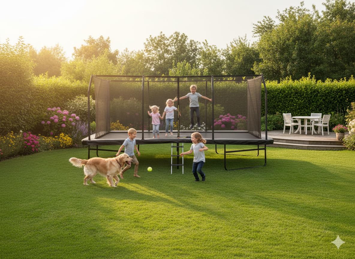 Trampoline de Jardin Rectangulaire XXXL 518cm x 305cm modèle Famille -Pack Complet livré avec Filet de sécurité, Matelas de Protection et Echelle Noir