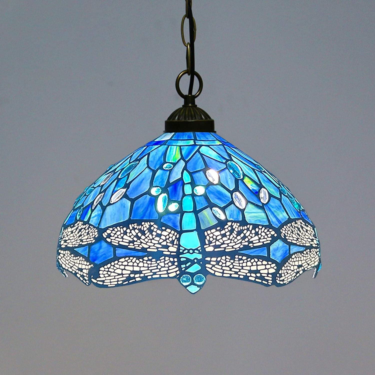 Dragonfly Lamp Shade Replacement Only 12 Inch Tiffany Style Stained Glass Lampshades, Vintage Green Blue Yellow Light Cover for Arched Floor Lamp, Torchiere Lamp, Pendant Light,Blue