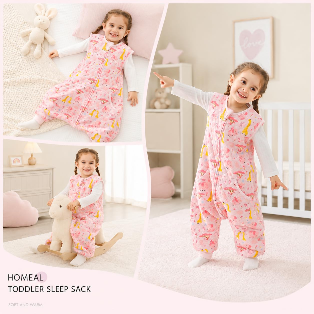 HOMEAL Toddler Sleep Sack, Sleeveless Sleep Sack with Legs 2T-3T, 1.0 TOG Wearable Blanket Baby, Pink