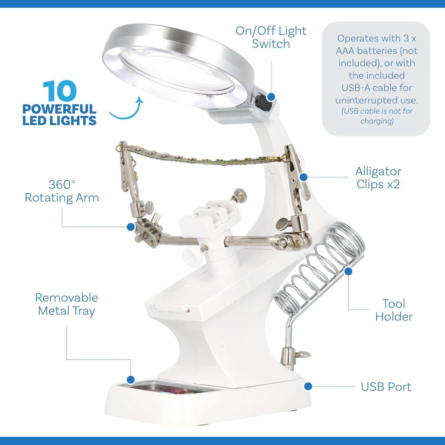 The Beadsmith Third Hand Magnifier – 3.0X Lens w/ 4.5X Inset Lens, 10 LED Lights, Fully Adjustable, Includes Alligator Clips, Tool Holder, & Removable Metal Tray