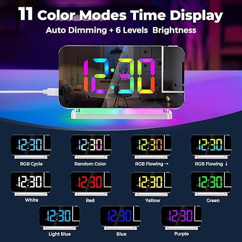 Miniatura 5 de Reloj de proyección, reloj despertador digital con espejo LED de 7.4 pulgadas, con luz nocturna RGB, proyector giratorio de 180, puerto de cargador