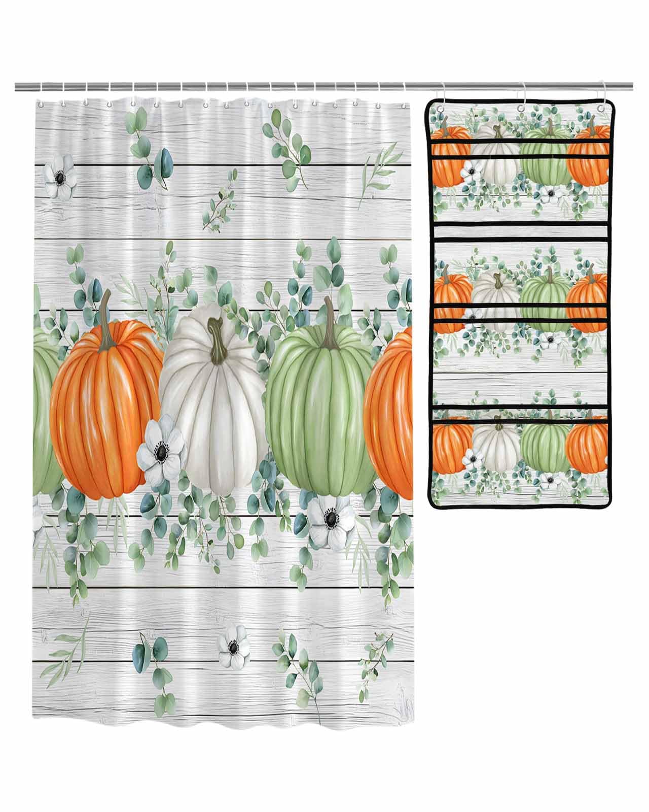 Decorative Shower Curtain Sets Fall Fabric Waterproof Shower Curtains Thanksgiving Pumpkin Eucalyptus Leaf White Wood Grain Mesh Shower