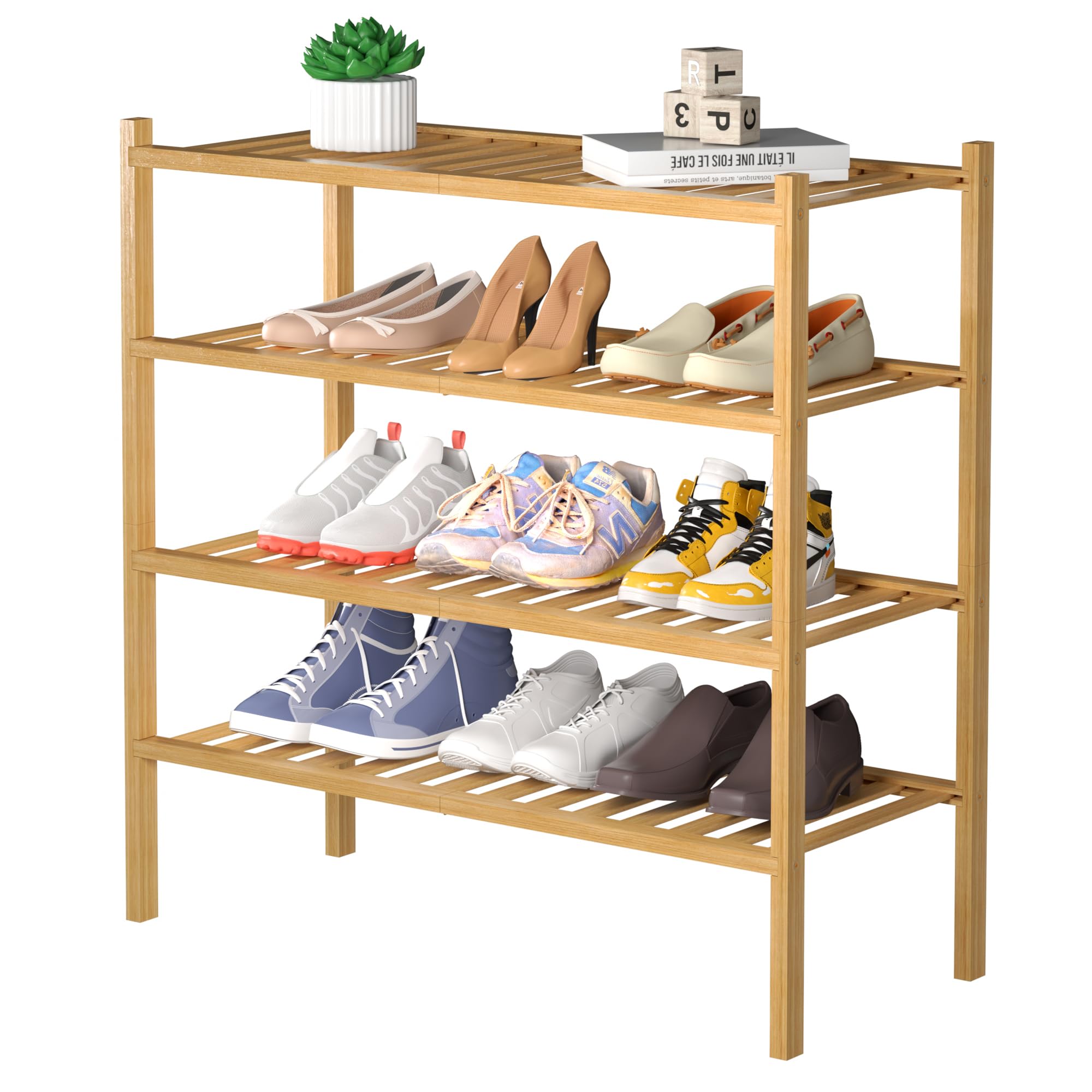 ROMGUAR CRAFT 4 Tier Bamboo Shoe Rack for Closet Free Standing Wood Shoe Shelf for Entryway Small Space Stackable 27"x11"x26" (Natural)