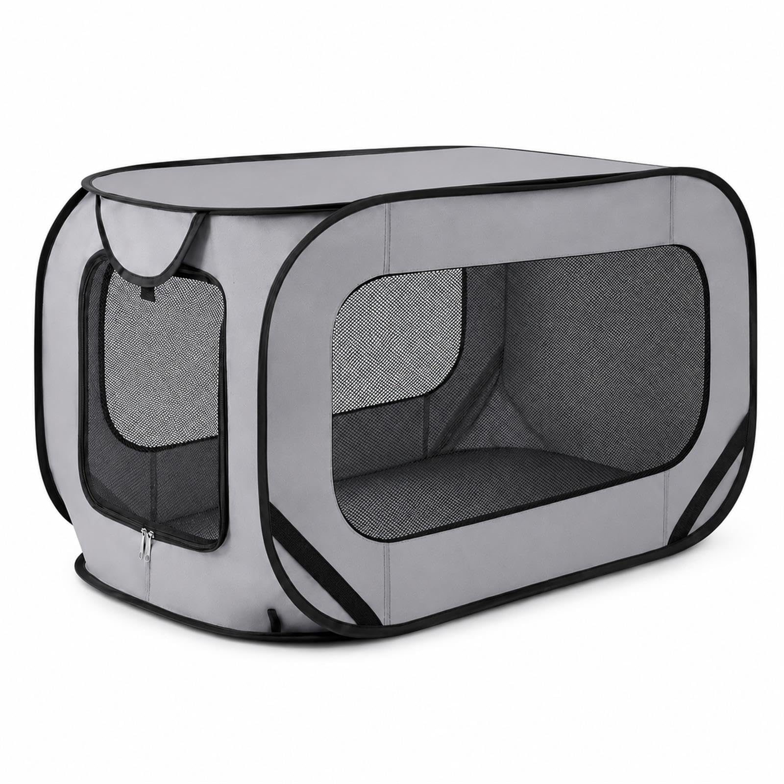 GOOGO Faltbare Hundebox Faltbar, 92×52×52 cm, Oxford Stoff Weiche Hundetransportbox Auto mit Atmungsaktivem Netz und Tragbarem Design, für Zuhause, Camping und Reise, bis 29 kg (Grau)