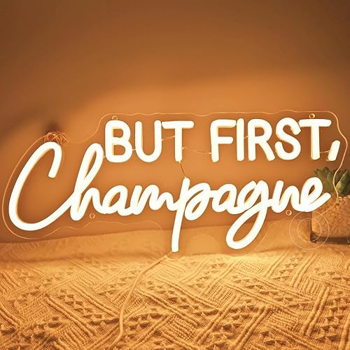 Miniatura 7 de SYLHOME Letrero de luz LED de neón con texto en inglés But First Champagne para el hogar, bar, cocina, hombre, cueva, pub, decoración de boda,