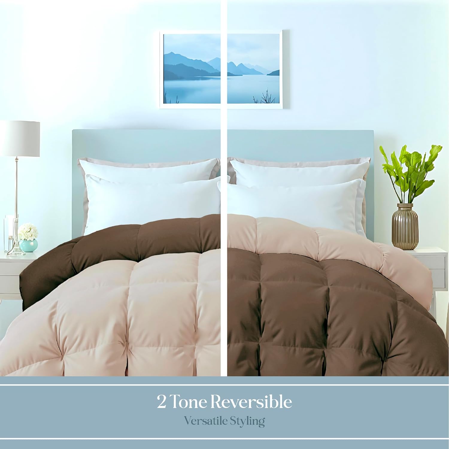 ROYALE LINENS Reversible Comforter - California King Duvet Insert - All Season Soft Quilted Comforters with 8 Corner Tabs - Down Alternative Bedding Comforter - Duvet Insert (Chocolate/Sand, King Cal)