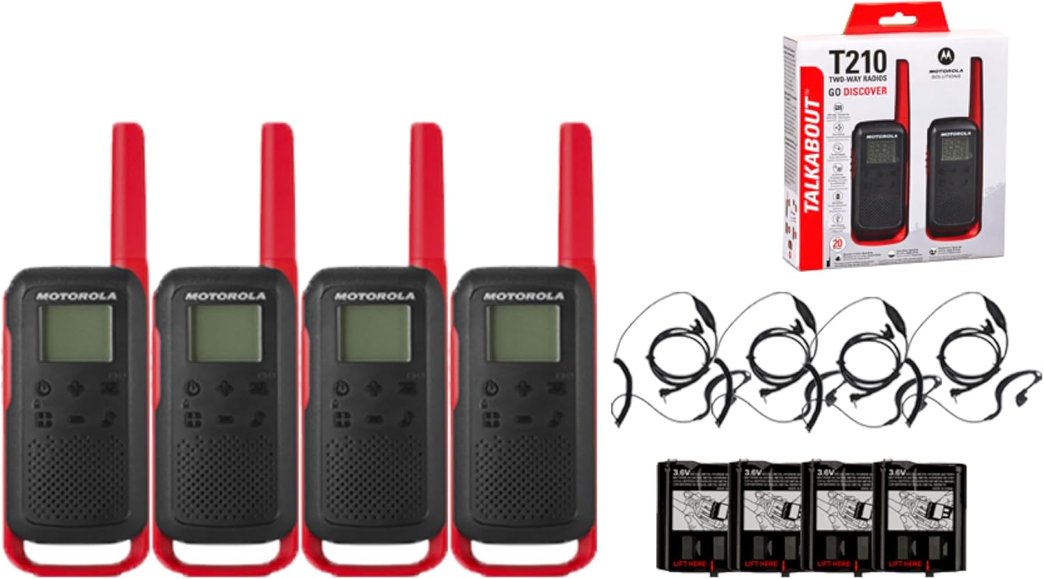Motorola Solutions Portable FRS Talkabout T210 Two Way Radio 4-Pack Walkie Talkies Red/Black 22 Channels 4 PTT Earpieces