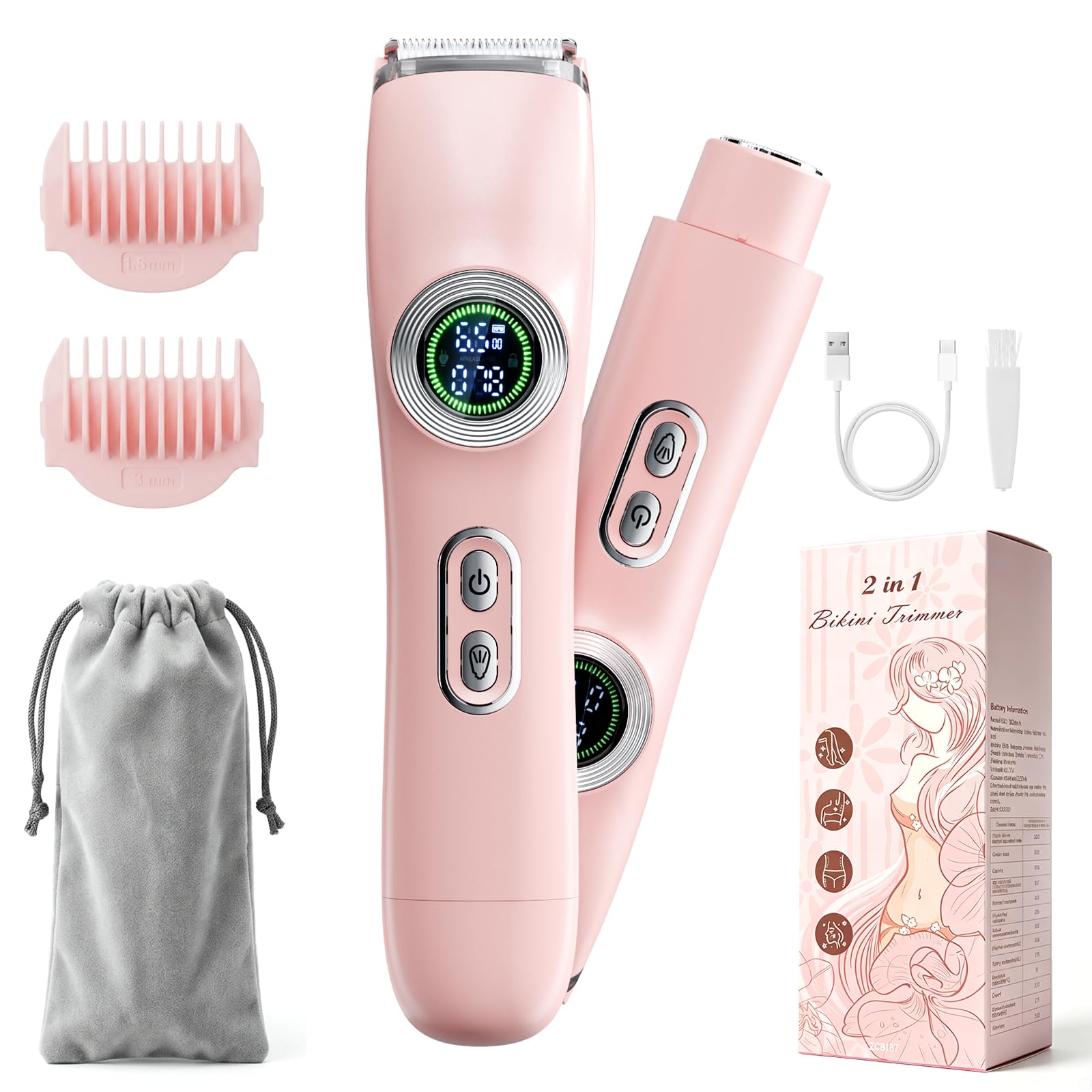 Afeitadora Electrica Mujer 2 en 1, Rasuradora Mujer Zona Intima Impermeable IPX7,Afeitadora mujer Seco/HúMedo, Recortadora Corporal Mujer para Facial Brazos Axilas Pierna Bikini