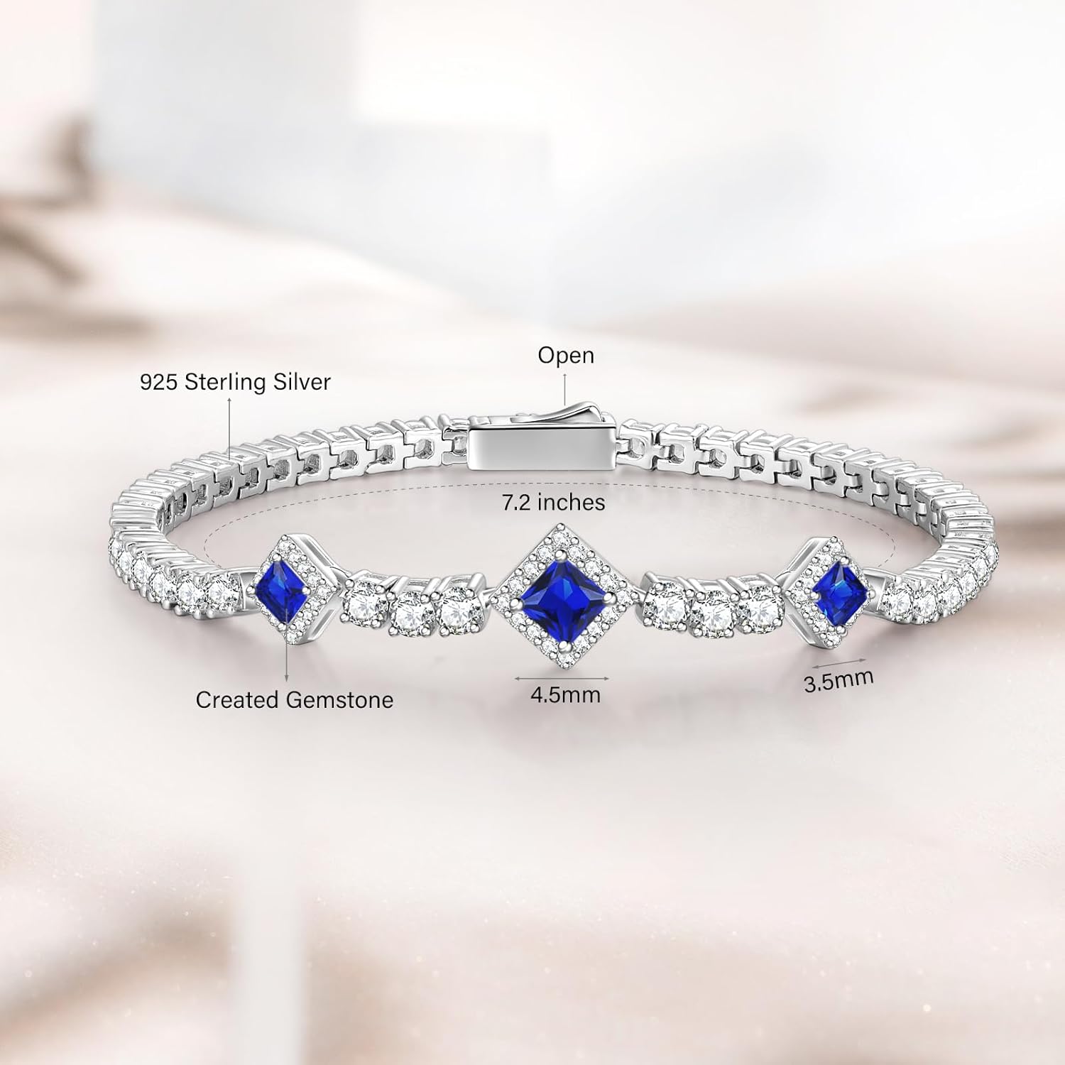 FANCIME Birthstone Bracelets 4mm Sterling Silver Tennis Bracelets Square Gemstone Birthday Mother's Day Jewelry Gifts for Women 7.2"