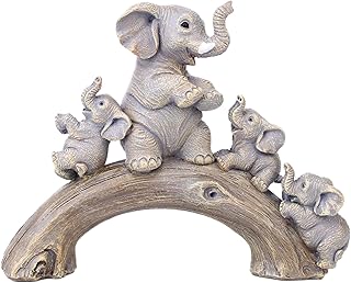 SHENGTIAN Resin Elephant Family Statue, Cute Lucky Elephant with 3 Baby Elephants on Wooden Bridge Figurines Decor for Home, Office, Wedding, Party, More