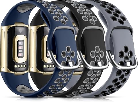 Maledan Compatible with Fitbit Charge 6 Bands/ Fitbit Charge 5 Bands for Women Men, Soft Silicone Sport Band Wrist Strap for Charge 5 and Charge 6 Watch Replacement Wristbands, Black/Blue/Gray, Small