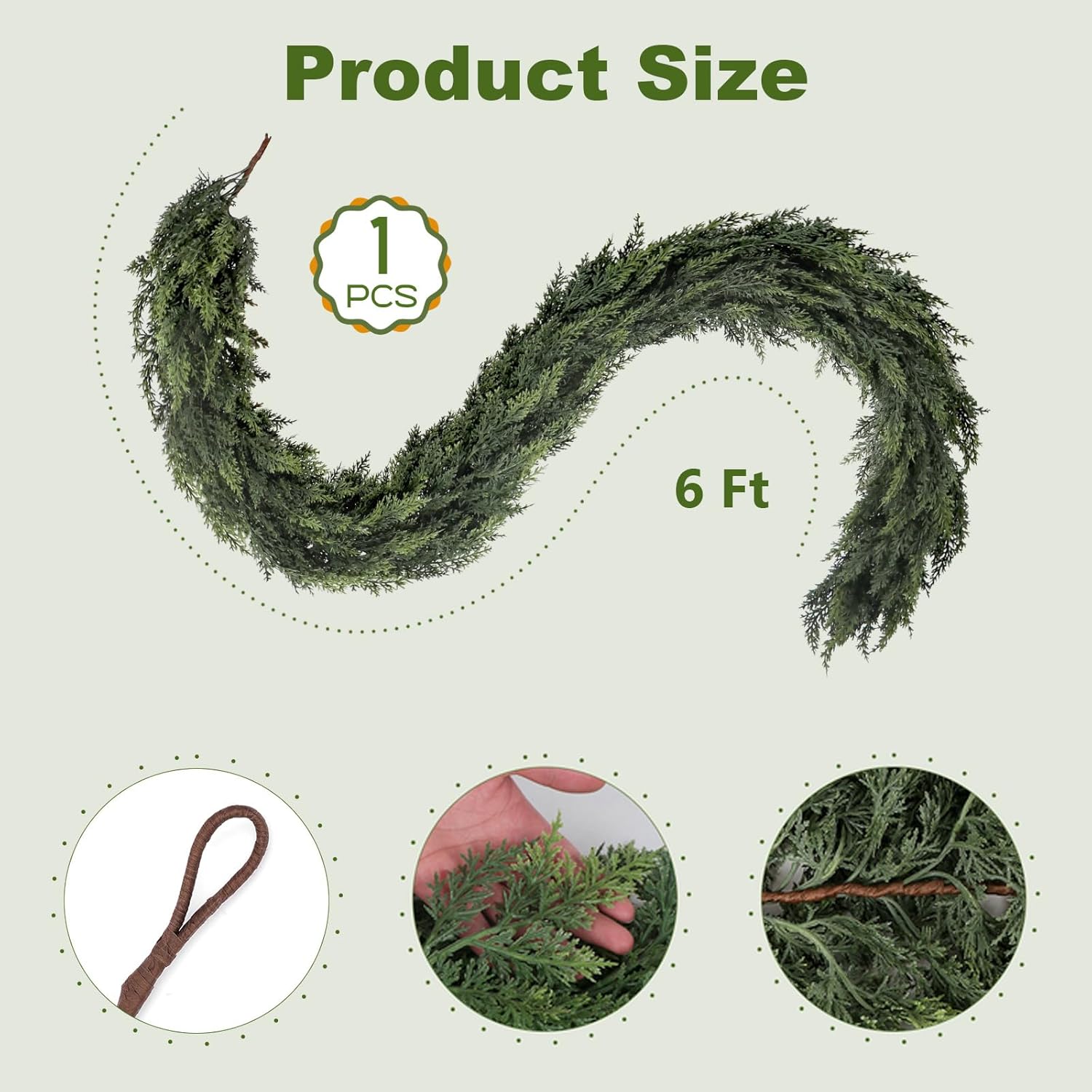 1 Pcs 6 FT Real Touch Cedar Garland, Artificial Realistic Thick Christmas Greenery Faux Cedar Garland for Mantle Table Stairs Wall Outdoor Indoor Christmas Decorations (6 FT, 1 Pcs)