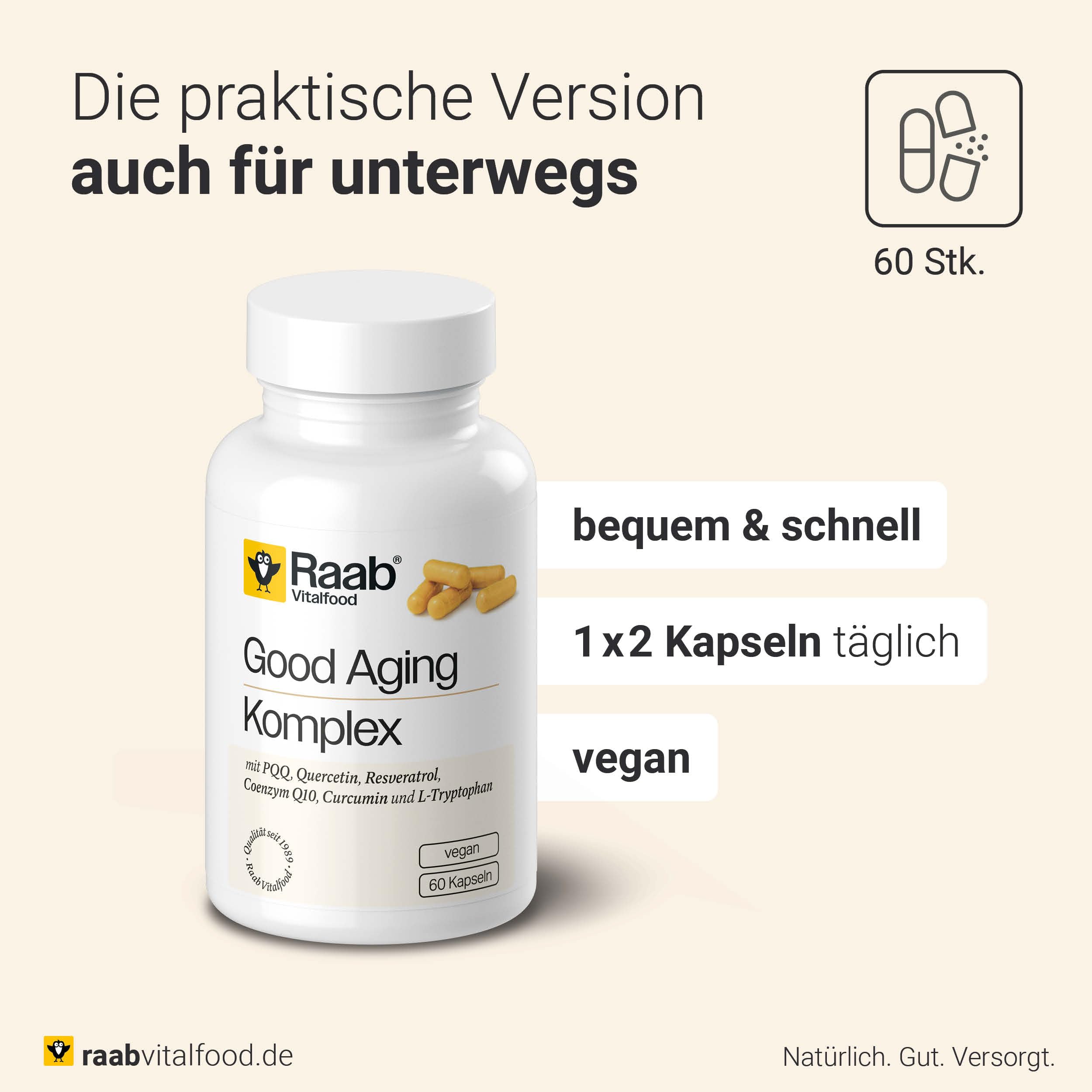 Raab Vitalfood® Good Aging Komplex Kapseln (60 Stück) - 10 in 1 Kapsel für gutes Altern, mit PQQ (MGCPQQ®), Quercetin, Curcuma, trans-Resveratrol, Coenzym Q10, L-Tryptophan, Zink und Vitaminen