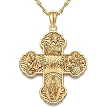 Catholic Cross Necklace for Men 14K Yellow Gold Plated Scapular Catholic Pendant Chunky cross Necklace Four Way Cross Jewelry Christian Religious Gifts for Men