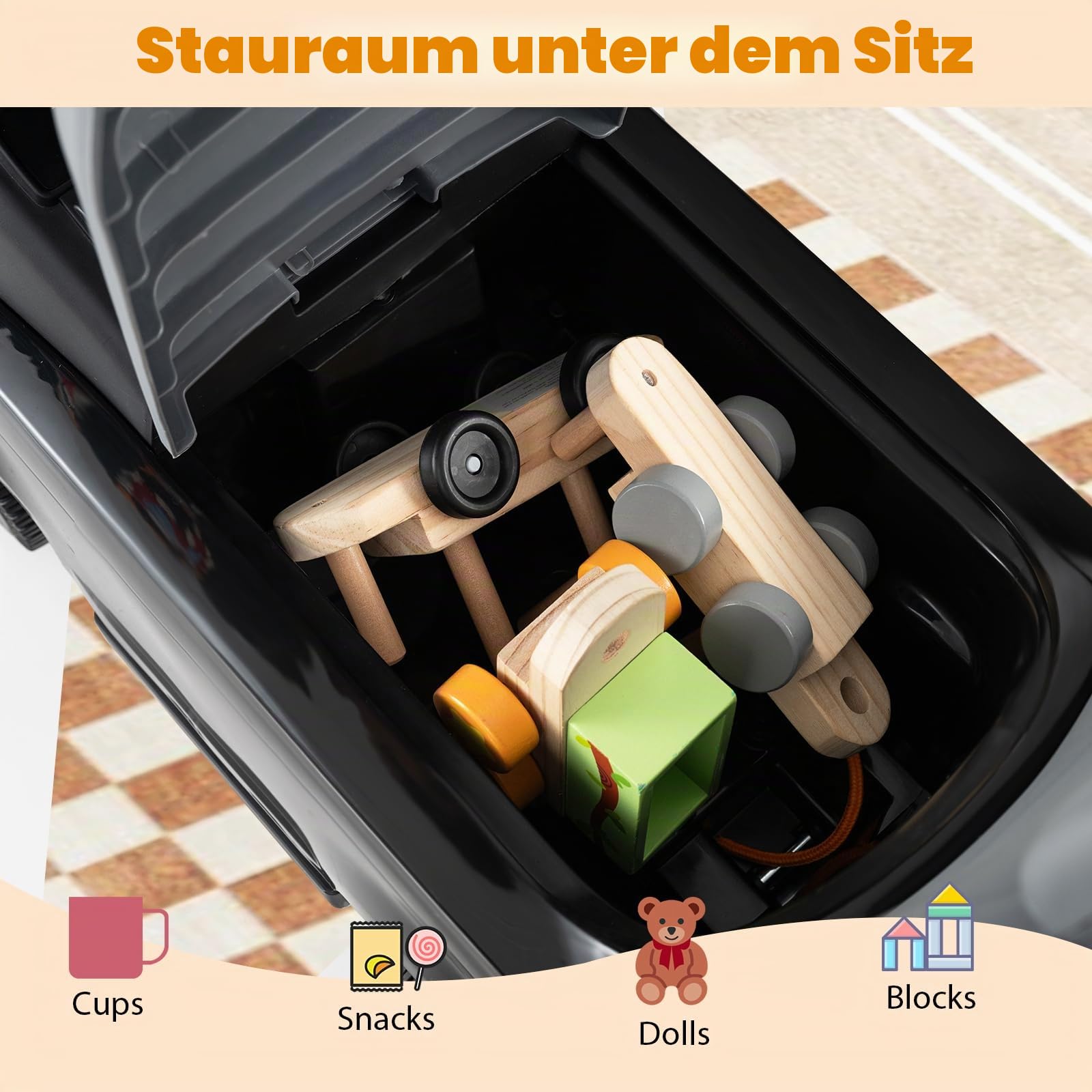 SOARS 3 in 1 Land Rover Rutschauto, Rutschfahrzeug mit Abnehmbarer Schiebstange, verstellbarem Schutzbügel, einklappbaren Fußstützen, Hupe, Stauraum, Spielzeugauto für Kinder ab 1 Jahr (Schwarz)