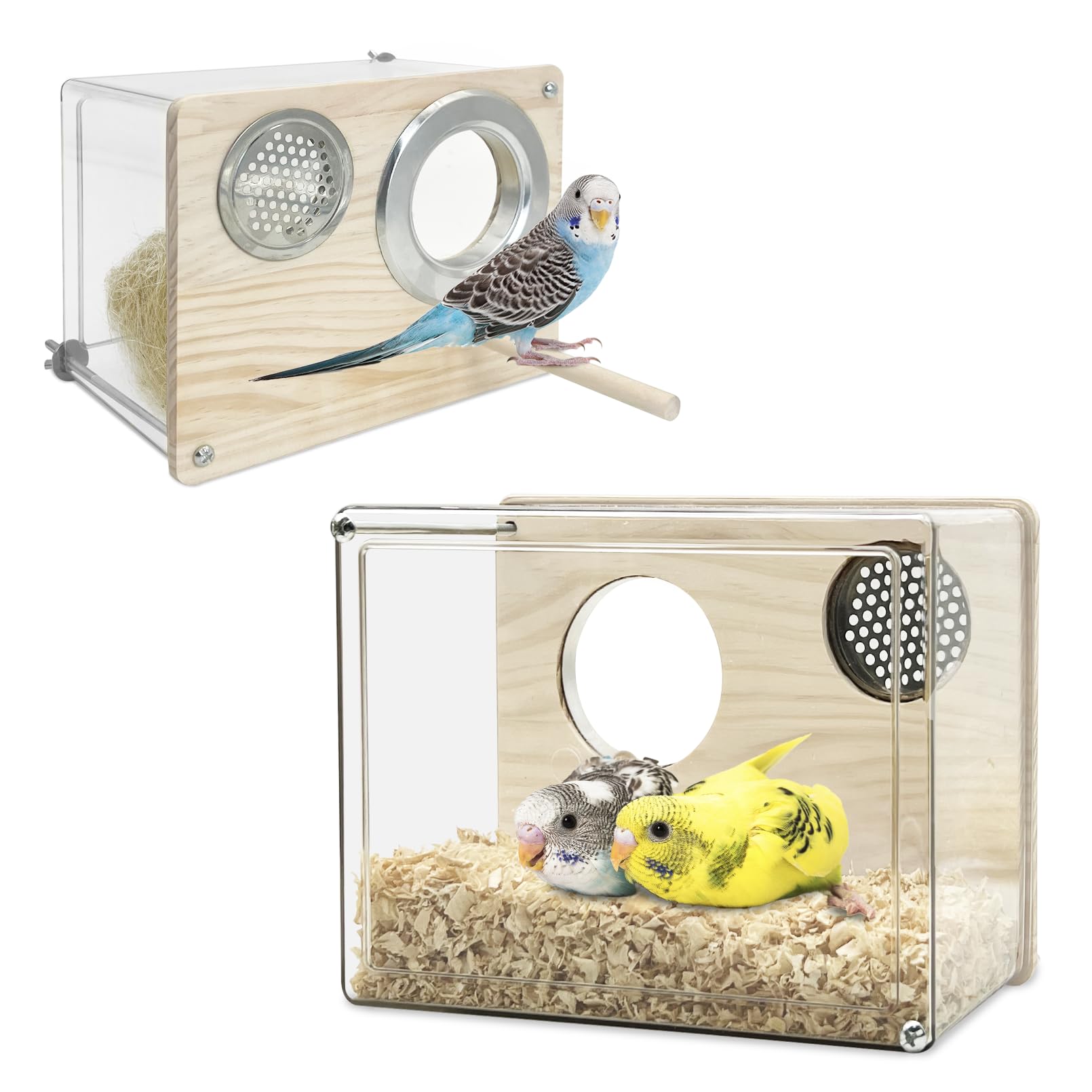 PINVNBY Caja de anidación y cría de acrílico transparente, para jaula, para casa de pájaros con percha, para periquitos, cotorras, loros, cacatúas, agapornis y pájaros pequeños (L: 20,5 x 15,8 x 10 cm