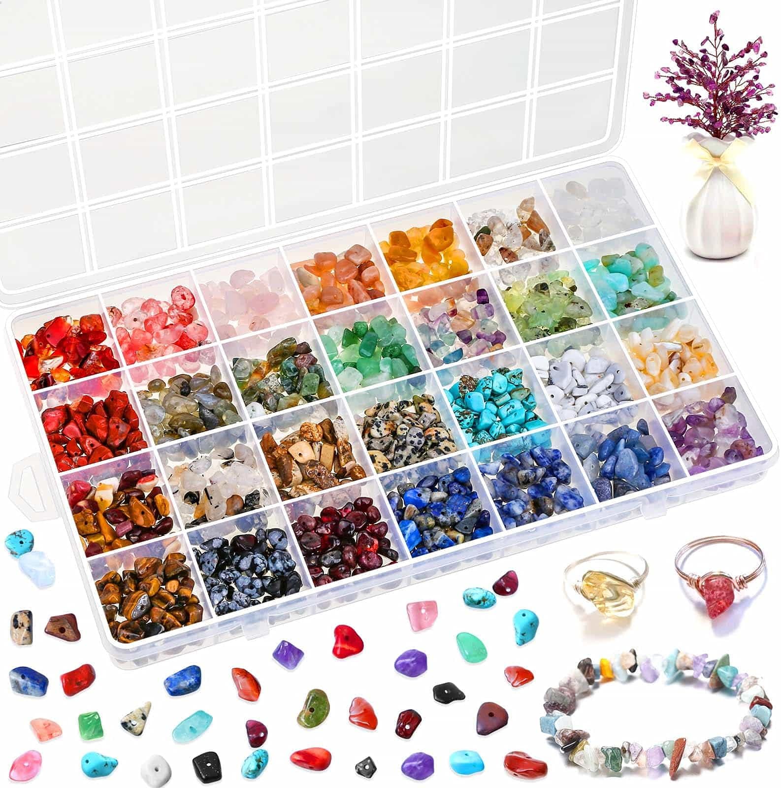 Crystal Chips Beads for Ring Making, 28 Colors Gemstone Beads for Jewelry Making, Crystal Ring Making Kit with Plastic Box for Jewelry Ring, Bracelets, Earring Making Supplies