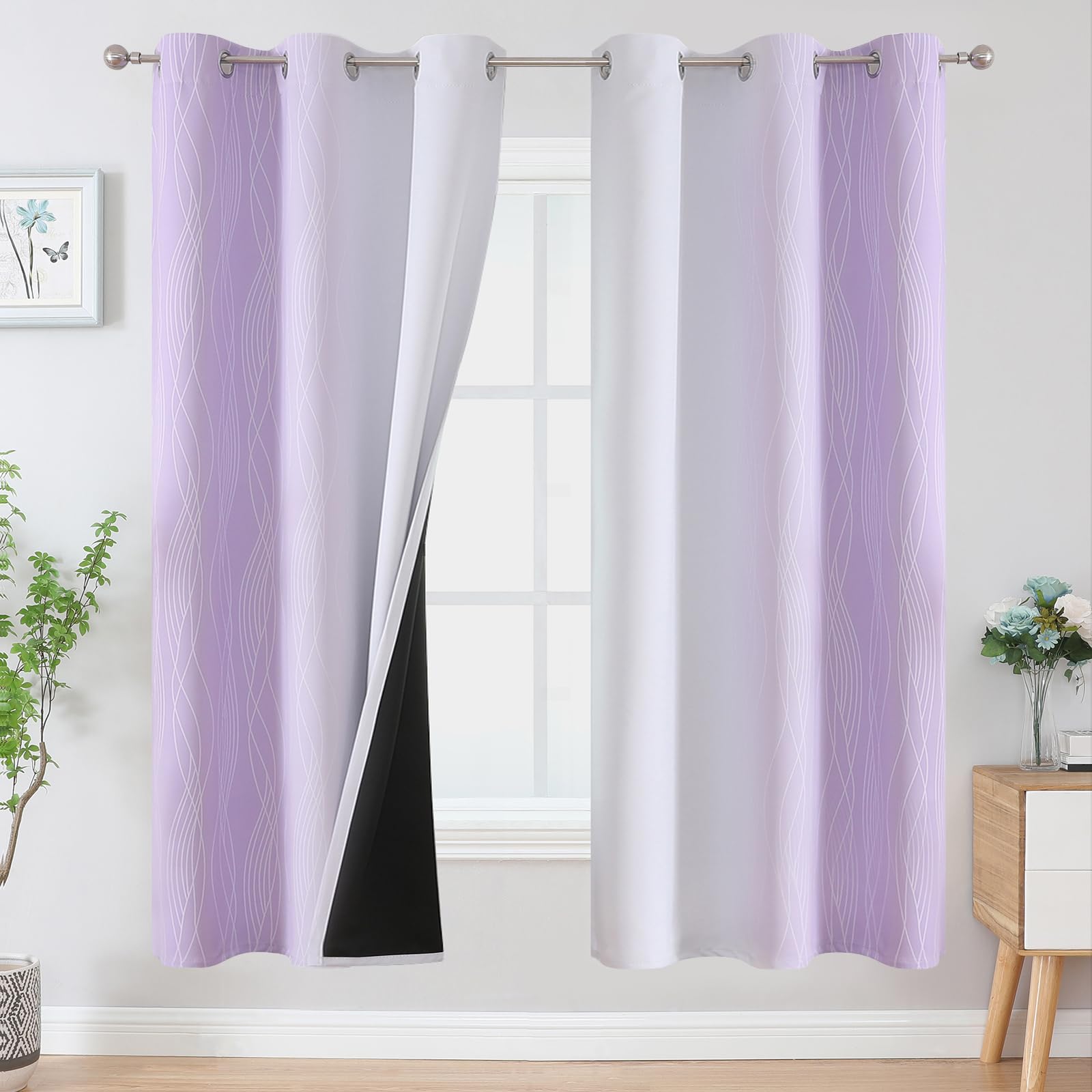 VEHEDE Ombre Blackout Thermal Curtains & Drapes for Kids Room Strip Wave Pattern Noise Reducing Gradient Curtains 63 Inch Drop for Living Room W42 x L63 Inch